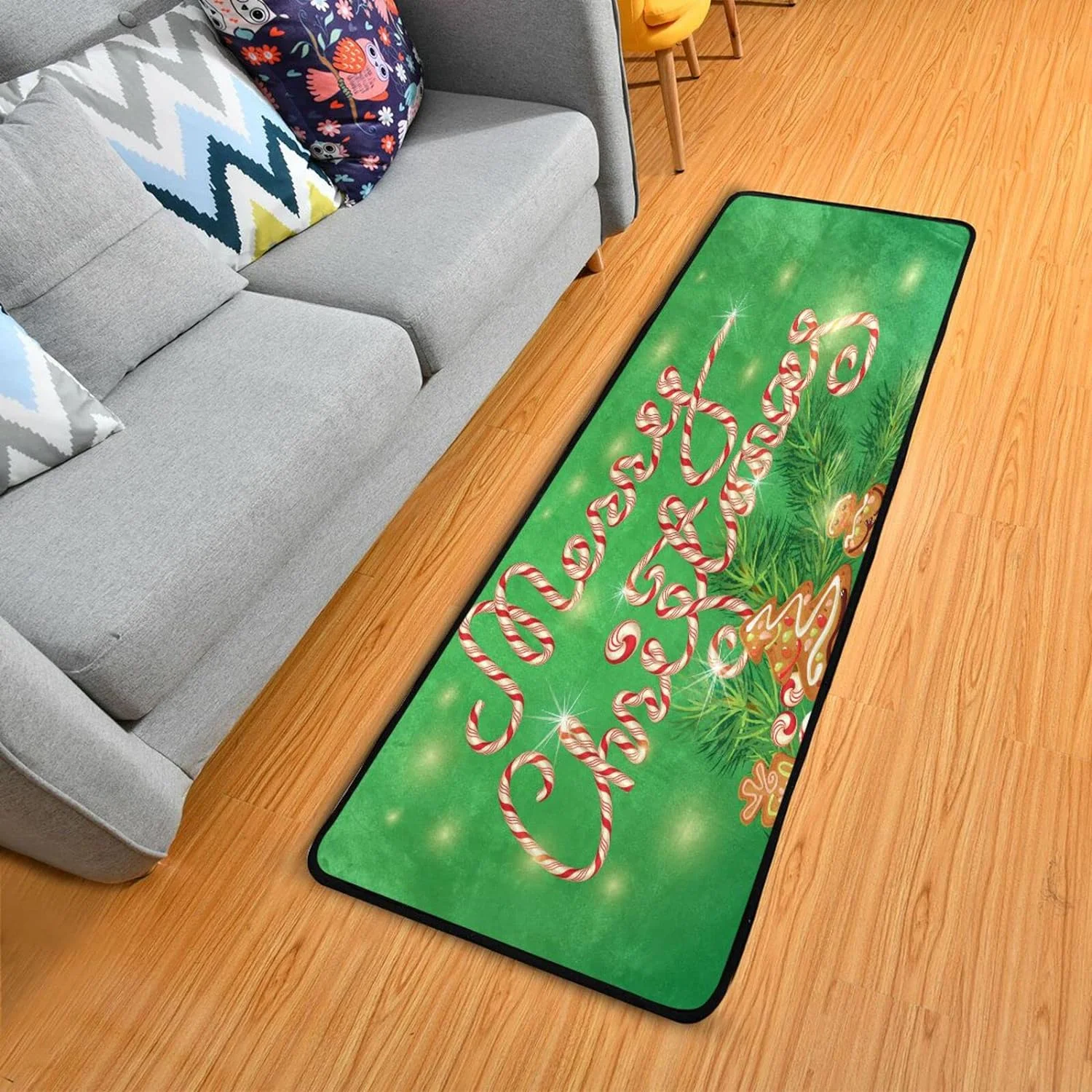 Christmas Cookies Tree Reindeer Hallway Runner Rug 2'x6' Kitchen Rug with Rubber Backing Xmas Gingerbread House Non Slip Entryway Rug Runner Washable Soft Area Rug for Hallway Bedroom Kitchen Decor