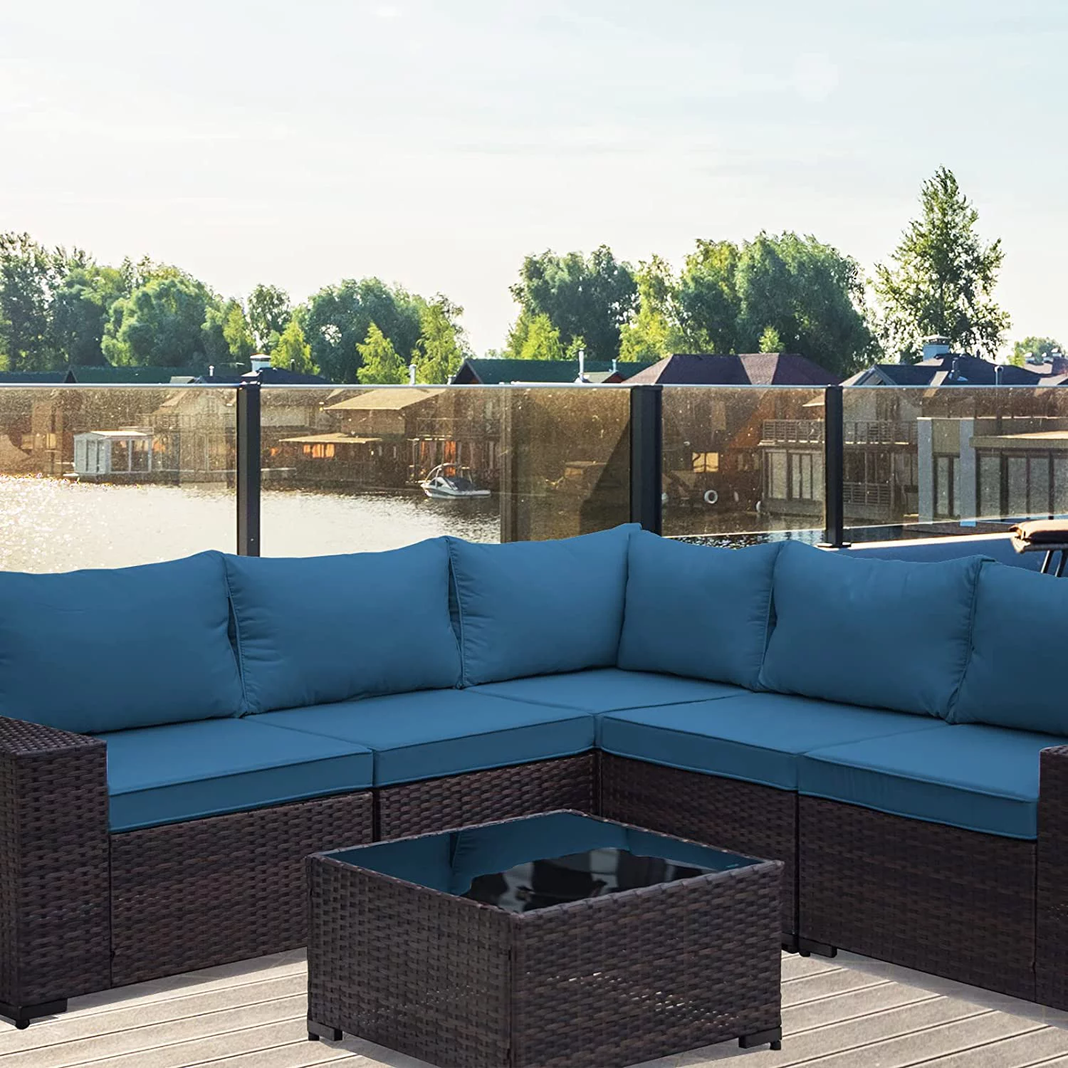Gotland Patio Furniture Sets 6 Pieces PE Rattan Wicker Patio Sectional Outdoor Sofa Set(Navy blue)
