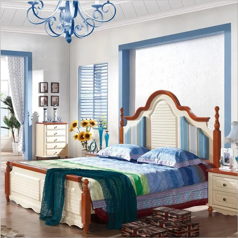 Mediterranean rustic wood bed 2 people American country side bedroom furniture 1.8m p10258