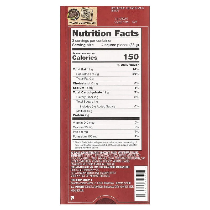 Valor, 0% Sugar Added, Creamy Dark Chocolate with Truffle Cream Filling, 52% Cacao, 3.5 oz Pack of 4