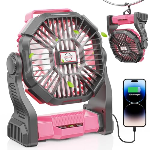 Camping Fan with LED Lantern, 20000mAh Portable Rechargeable Battery Powered Table Fan with Hook, Camping Gear for Picnic, Fishing, Car or Hurricane Power Outages (Black)