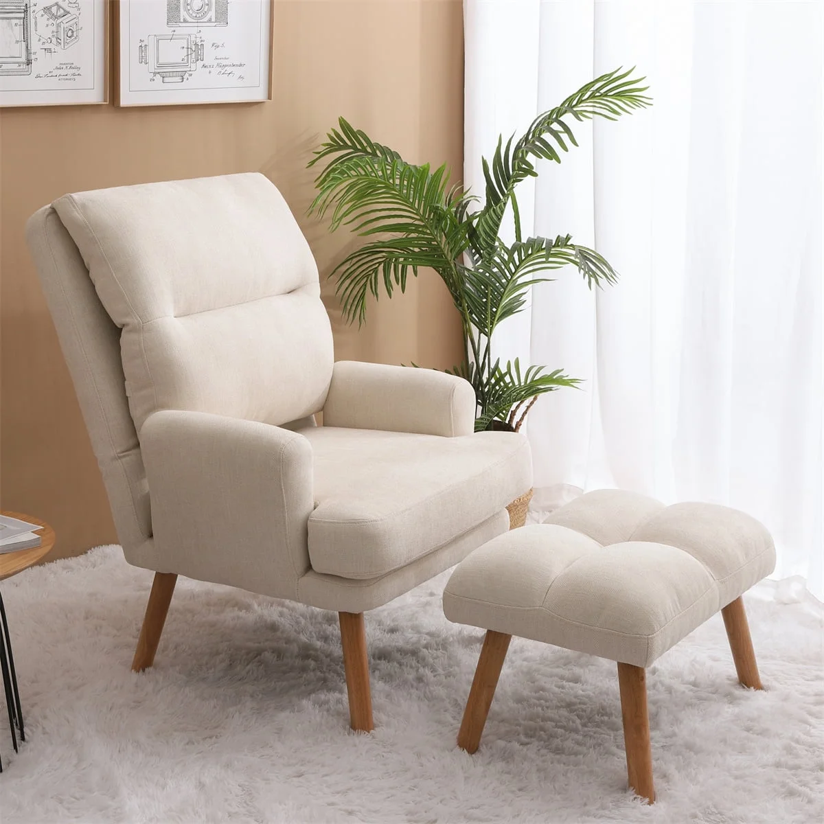 Mid Century Accent Chair with Ottoman Set, Modern Armchair with Wood Legs and Adjustable Backrest, Chair and Ottoman Set, Comfy Lounge Chair for Living Room Bedroom Reading Room, Beige