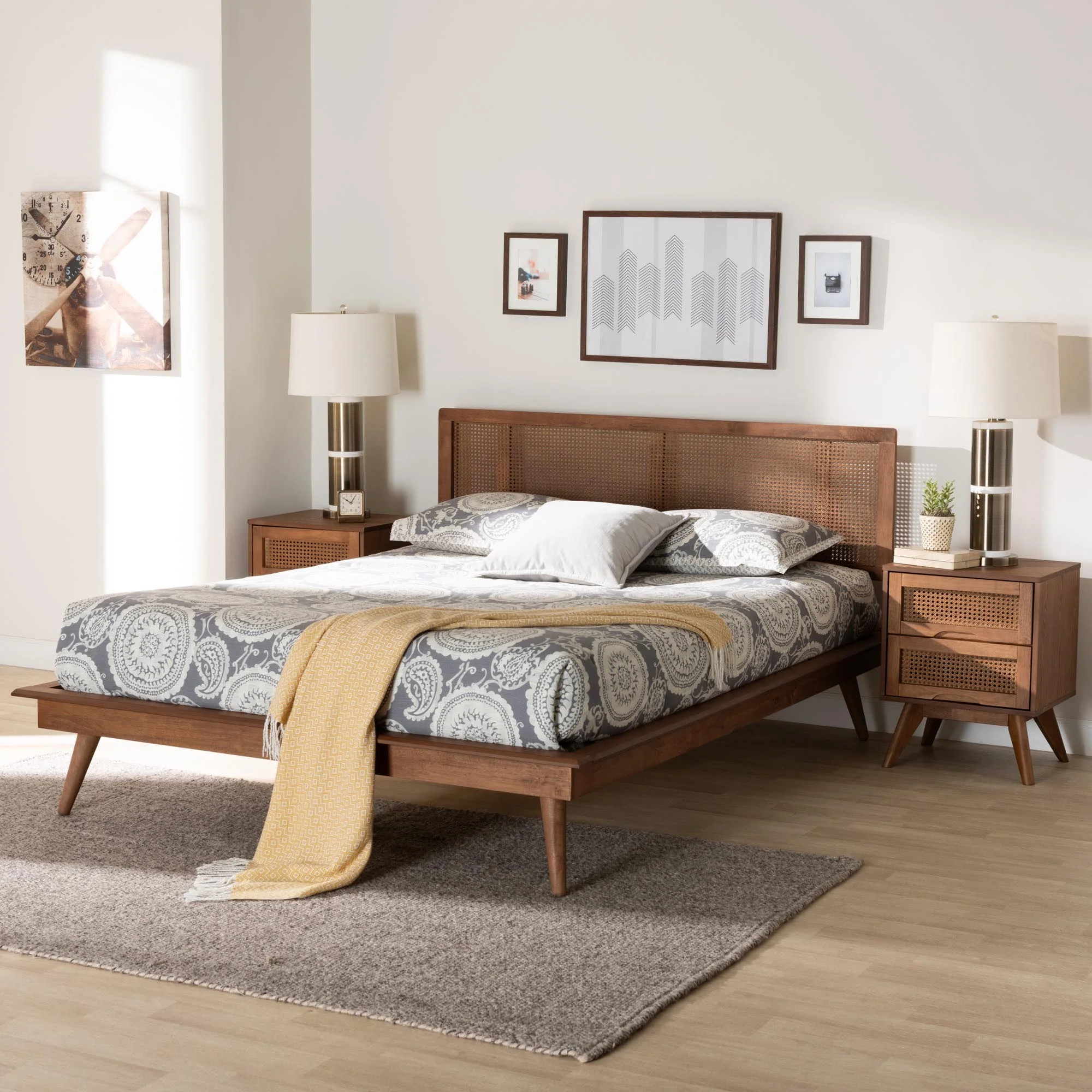 Baxton Studio Nura Mid-Century Modern Walnut Brown Finished Wood and Rattan King Size 3-Piece Bedroom Set