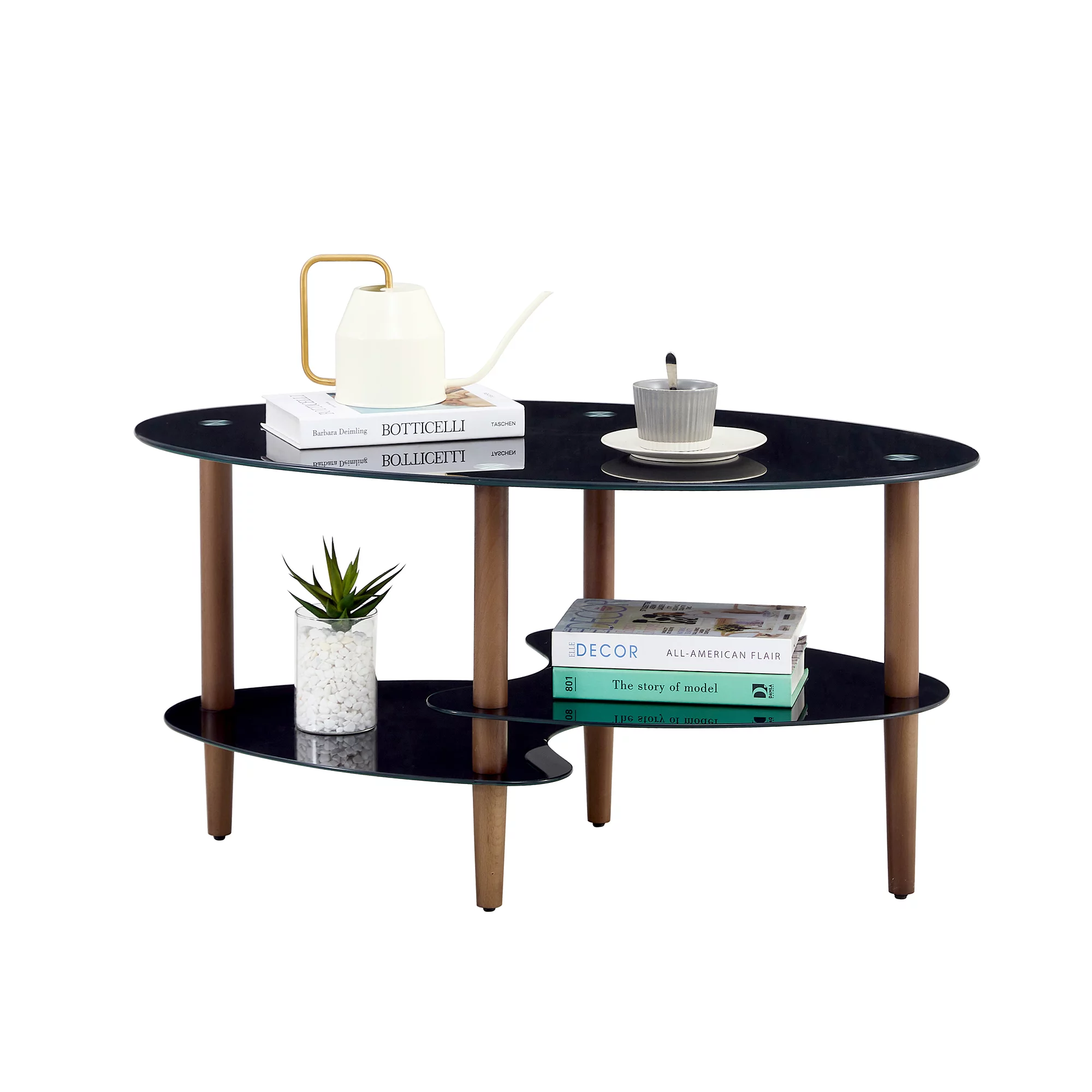 Black Oval glass coffee table, modern table in living room Oak wood leg tea table 3-layer glass table