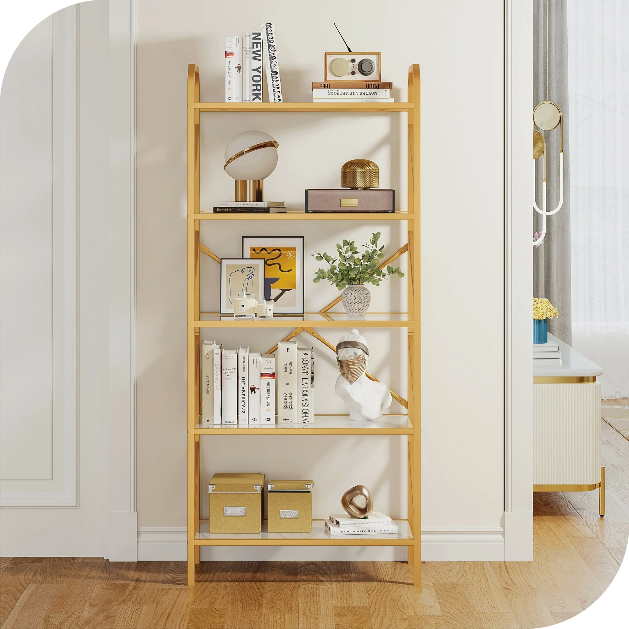 WedealFu Inc 5-Tier Bookshelf 62-inch Tall Gold Metal and Glass Bookcase