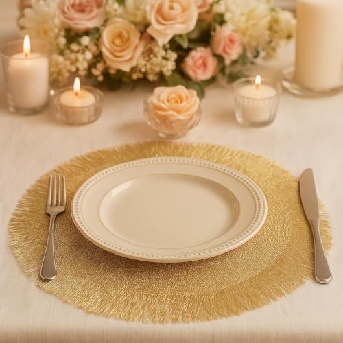 FAVE Gold Round Vinyl Placemats Set of 6, Washable Hollow Out Tassel Place Mats for Table Decoration, Daily Table Use, Holiday Decoration(15 inch,6PCS)