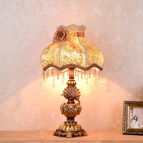 TFCFL Victorian Embroidered Table Lamp, Elegant Fabric Bedside Lamp Light Gorgeous Nightstand Lamp Desk Lamp Light Vintage Painted Resin Base for Bedroom Living Room