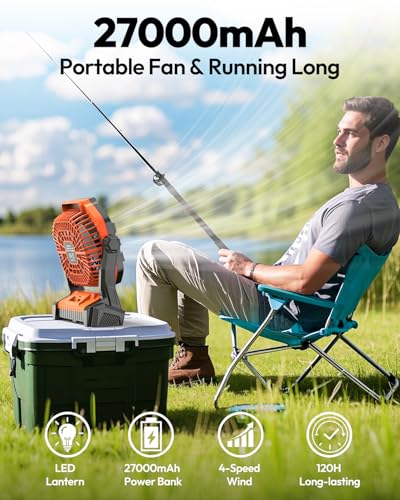 Camping Fan 27000mAh with LED Lantern - Cordless Portable Fan 8 inch USB C Battery Operated Rechargeable Powered Ventilador with Hanging Hook - 250° Rotating 4 Speed Personal Fans for Travel Camping