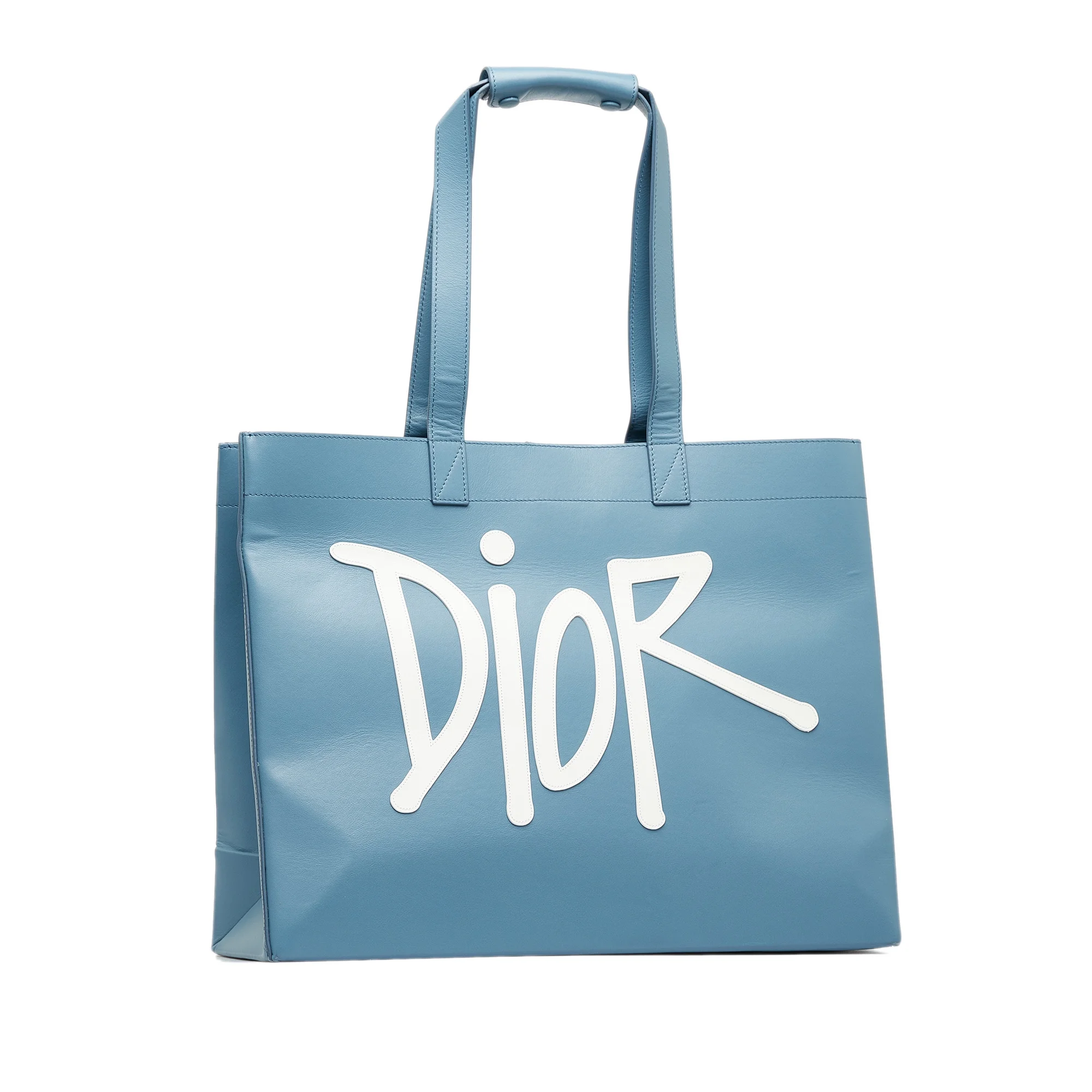 Pre-Owned Authenticated Dior x Stussy Large Logo Applique Tote Calf Leather Blue Tote Bag Unisex (Good)