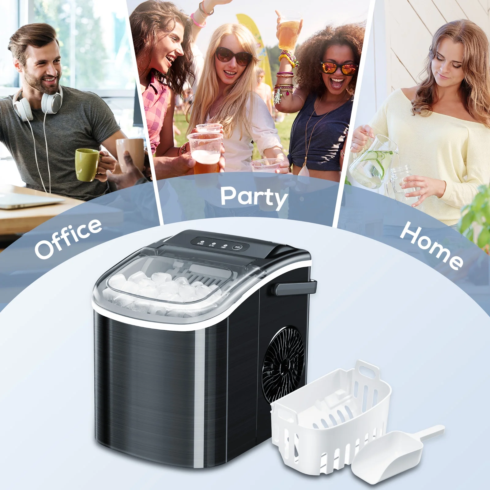 Besttey Stainless Steel Countertop Ice Maker, 9 Bullet Ice Cubes in 6 Mins, 26Lbs/24H, with Scoop & Basket, Black