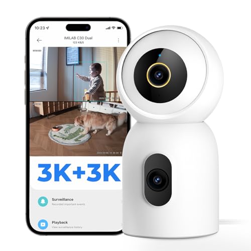 IMILAB C30 Dual 3K+3K Security Camera Indoor, Room Camera for Kids/Pet/Baby, Indoor Cam 360 View w/Phone App, Upgraded AI Detects for Pets/Cries/Fire/Smoke(beta), Enhance Color Night Vision, Plug in.