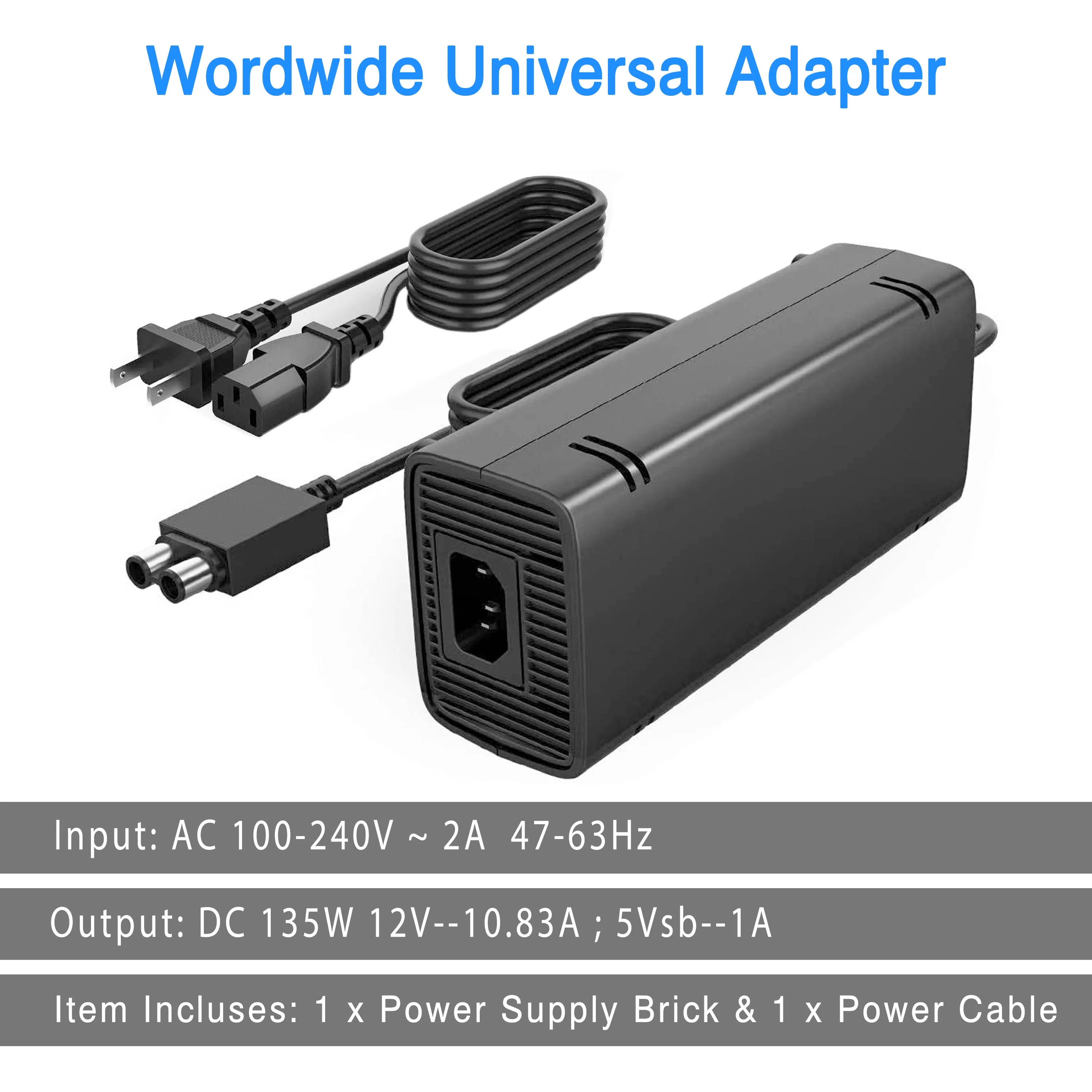 NATNO AC Adapter Power Supply Brick Charger for Xbox 360 Slim Console with Power Cord, Low Noise Version[135W 12V 10.83A]