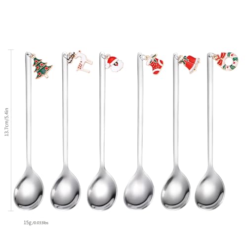 Dessert Spoons Silverware Christmas Silver Small Stainless Steel Flatware 6 Pieces Xmas Decorative Pendants Stirring Utensils for Coffee Tea Drinking Festival Everyday Use