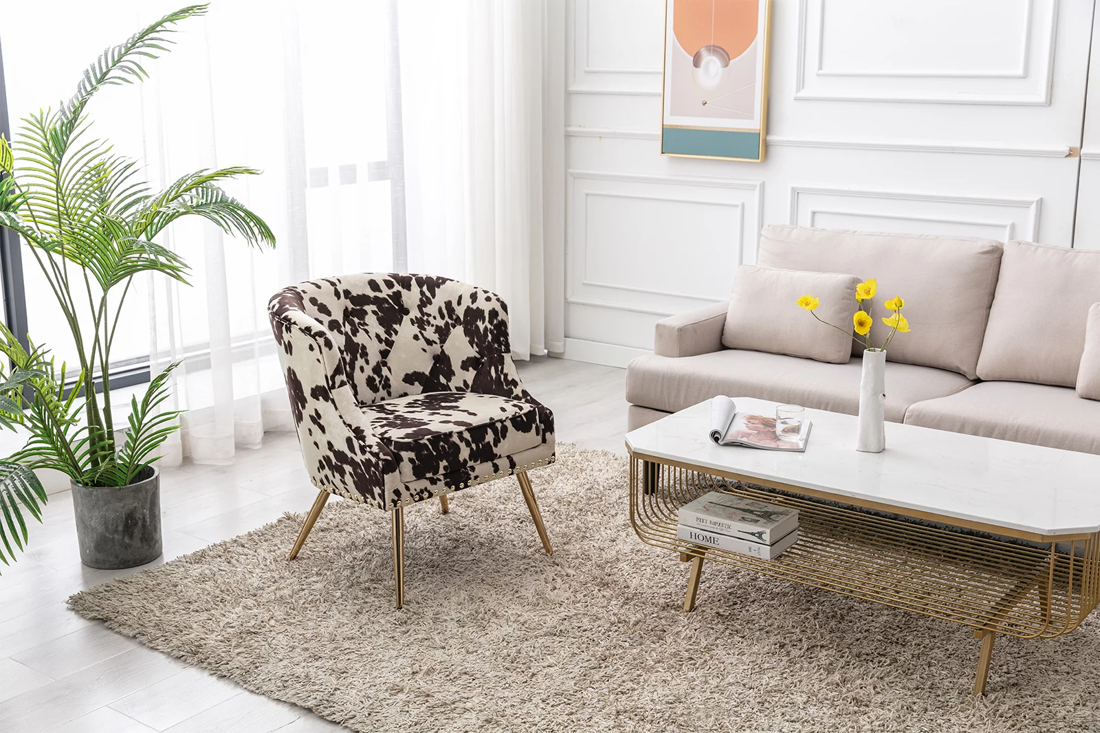 Guyou Modern Barrel Accent Chair, Velvet Curved Back Upholstered Single Sofa Club Chair with Button Tufting and Nailhead Trim for Living Room Reception Room and Bedroom, Cow