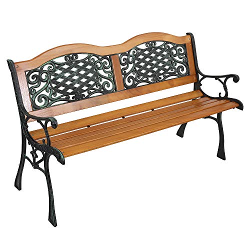 VINGLI Outdoor Bench Metal Garden Bench, Wood Patio Benches w/PVC Backrest Cast Iron Love Seat Park Benches for Porch Yard (Rose)