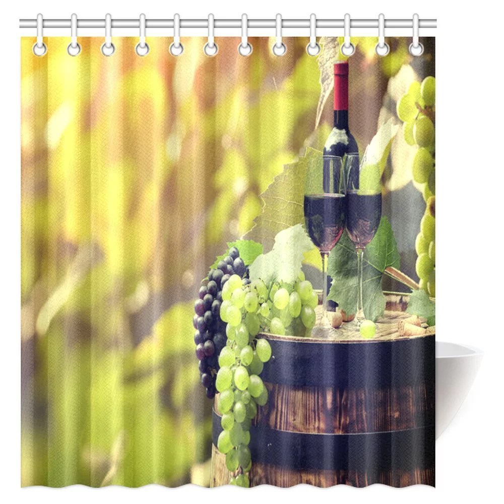 MYPOP Red Wine Bottle and Wine Glass on Old Barrel at Sunset in Chianti Tuscany Italy Landscape Fabric Bathroom Shower Curtain Set with Hooks, 66 X 72 Inches