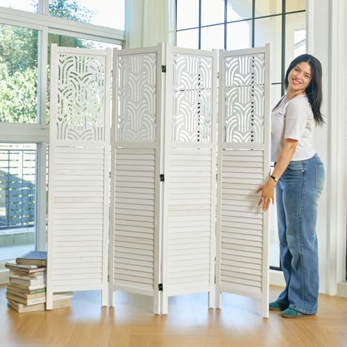 5.6 Ft Room Divider Wood Carved Wall Divider Indoor Folding Portable Partition Screen for Home Office Garden Terrace - 6 Panel (Gray)