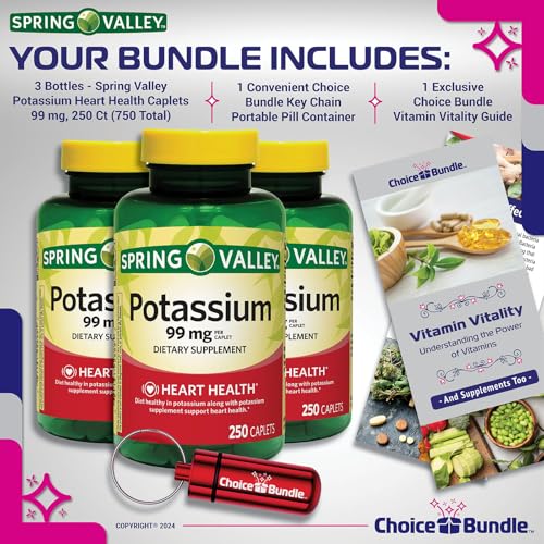Spring Valley Potassium Heart Health Dietary Supplement Caplets 99 mg 250 CT 2 pk (500 Total) + “Vitamin Vitality” Guide & Keychain Pill Container (4 Items)!