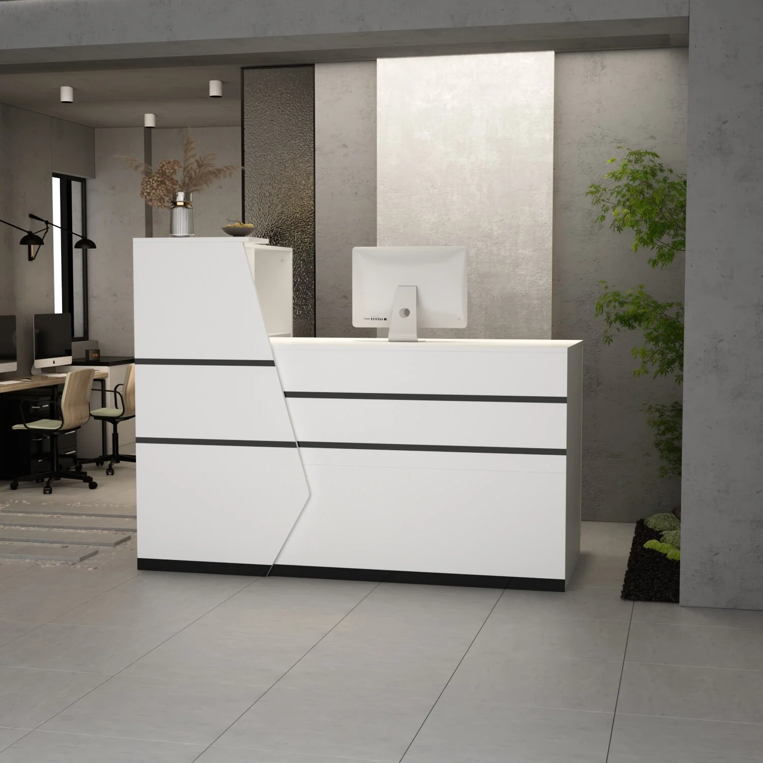 Timechee Reception Desk L-Shaped Counter w/ Lockable Storage, White