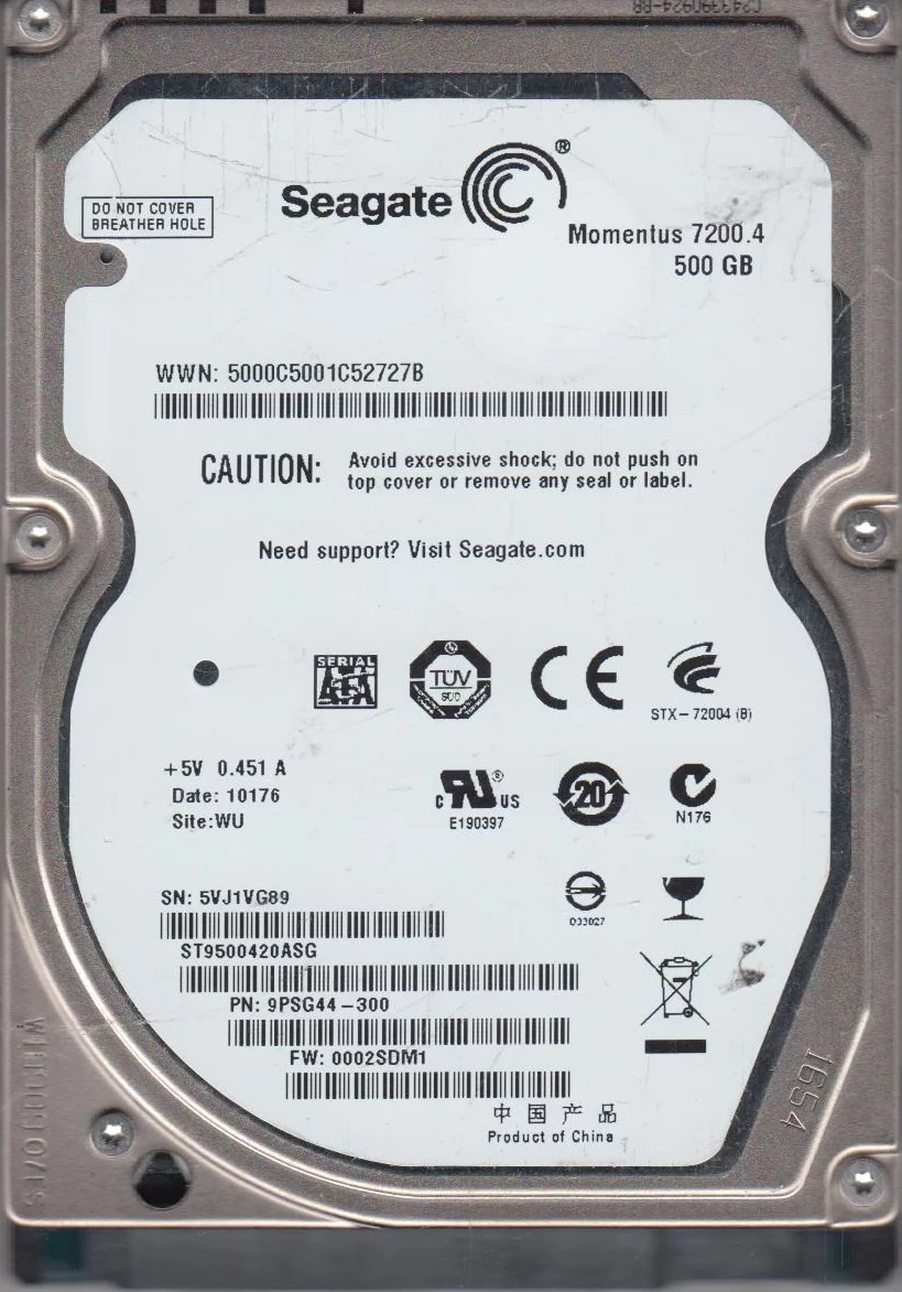 ST9500420ASG, 5VJ, WU, PN 9PSG44-300, FW 0002SDM1, Seagate 500GB SATA 2.5 Hard Drive