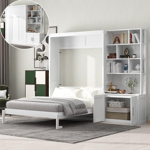 Merax Full Size Murphy Bed Cabinet with Multiple Storage Shelves, Solid Wood Foldable Hidden Platform Bedframe for Home, Bedroom, Office, Small Room, Apartment