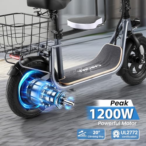 Caroma Peak 500W/800W/1200W Electric Scooter with Seat, 30 Miles Max Range Electric Scooter Adults&Teens, 48V Large Battery, 20MPH Top Speed Foldable Ebike, Adjustable E-Bike with Basket&Kid Seat