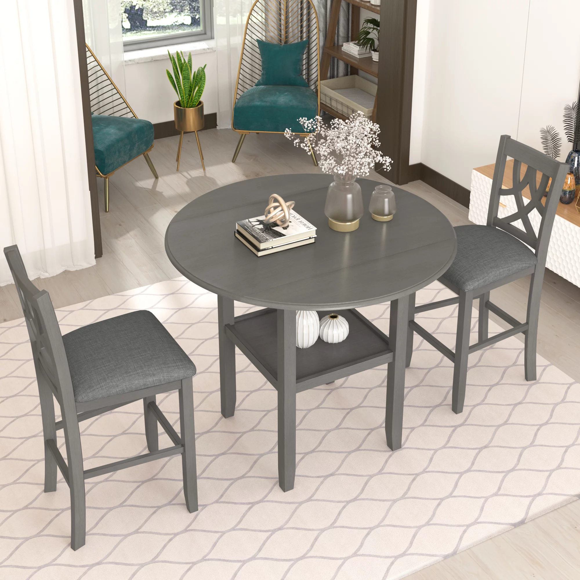 CoSoTower Farmhouse 3 Piece Round Counter Height Kitchen Dining Table Set with Drop Leaf Table, One Shelf and 2 Cross Back Padded Chairs for Small Places, Gray