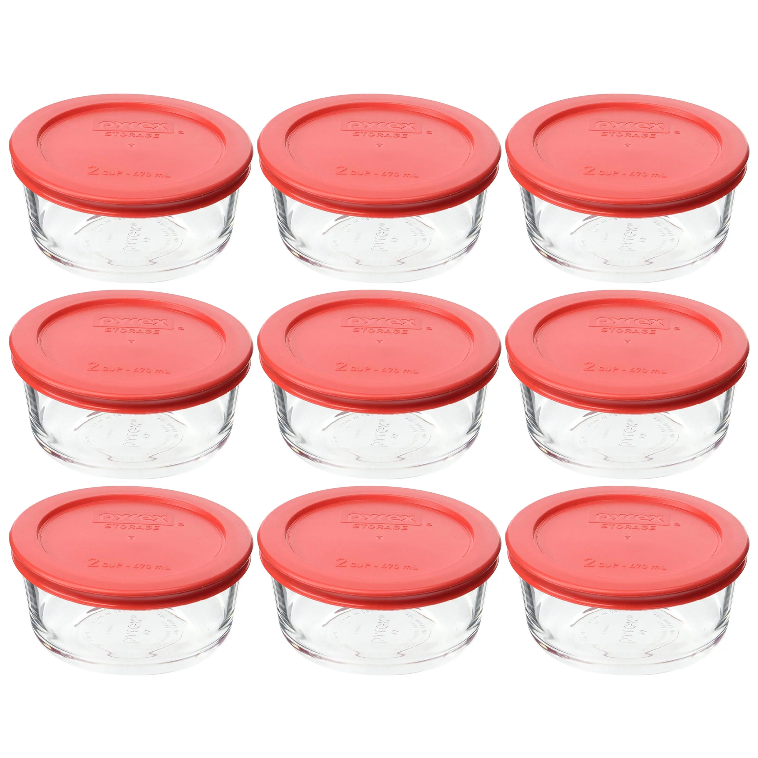 Pyrex (9) 7200 2-Cup Glass Food Storage Bowls and (9) 7200-PC Red Plastic Lids