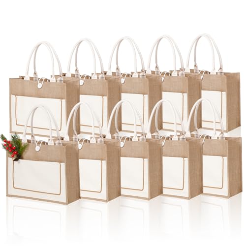10 Pack Reusable Jute&Canvas Tote Bags Bulk with Handles, 16.54 x 12.6 x 5.51 inch Natural Blank Gift Burlap Tote bags for Grocery Shopping Weddings Travel Beach,Bachelorette Parties & DIY Embroidery