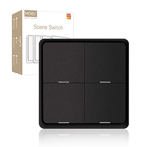 MOES Wireless Smart Scene Switch Button, Require MOES HUB, Zigbee Connection Tuya Battery Powered Included 12 Scene Controller Light Switch for Smart Home Automation 4 Gang White