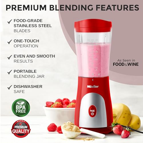 Mueller Smoothie Blender for Smoothies - Personal Blender for Shakes, Frozen Drinks, Baby Food & More, 15oz Travel Cup and Lid, Durable Stainless Steel Blades for Powerful Blending Performance, Black