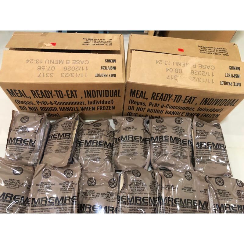 MRE A and B bundle cases 2024, 2025 inspection - Military meals ready to eat - 24 full food packs rations with 1,250 calories per meal and heater for camping