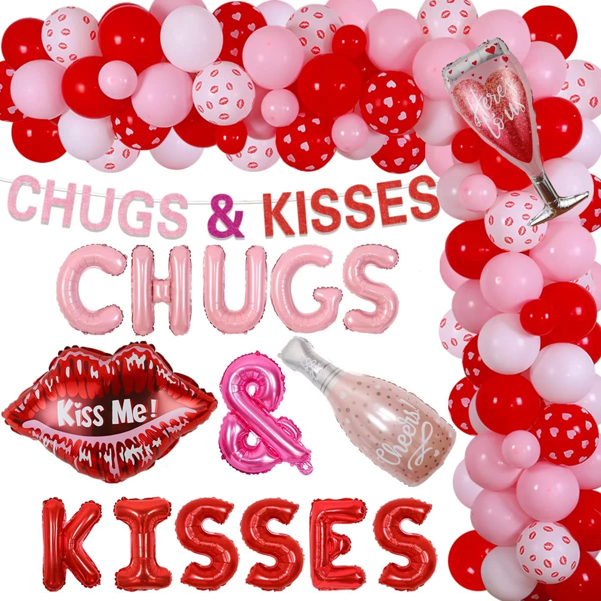 Valentines Day Balloon Garland Decoration Chugs and Kisses Balloon Banner Pink Red White Galentines Day Decorations Red Lips Kiss Me Balloons for Wedding Anniversary Bridal Shower Party Decorations