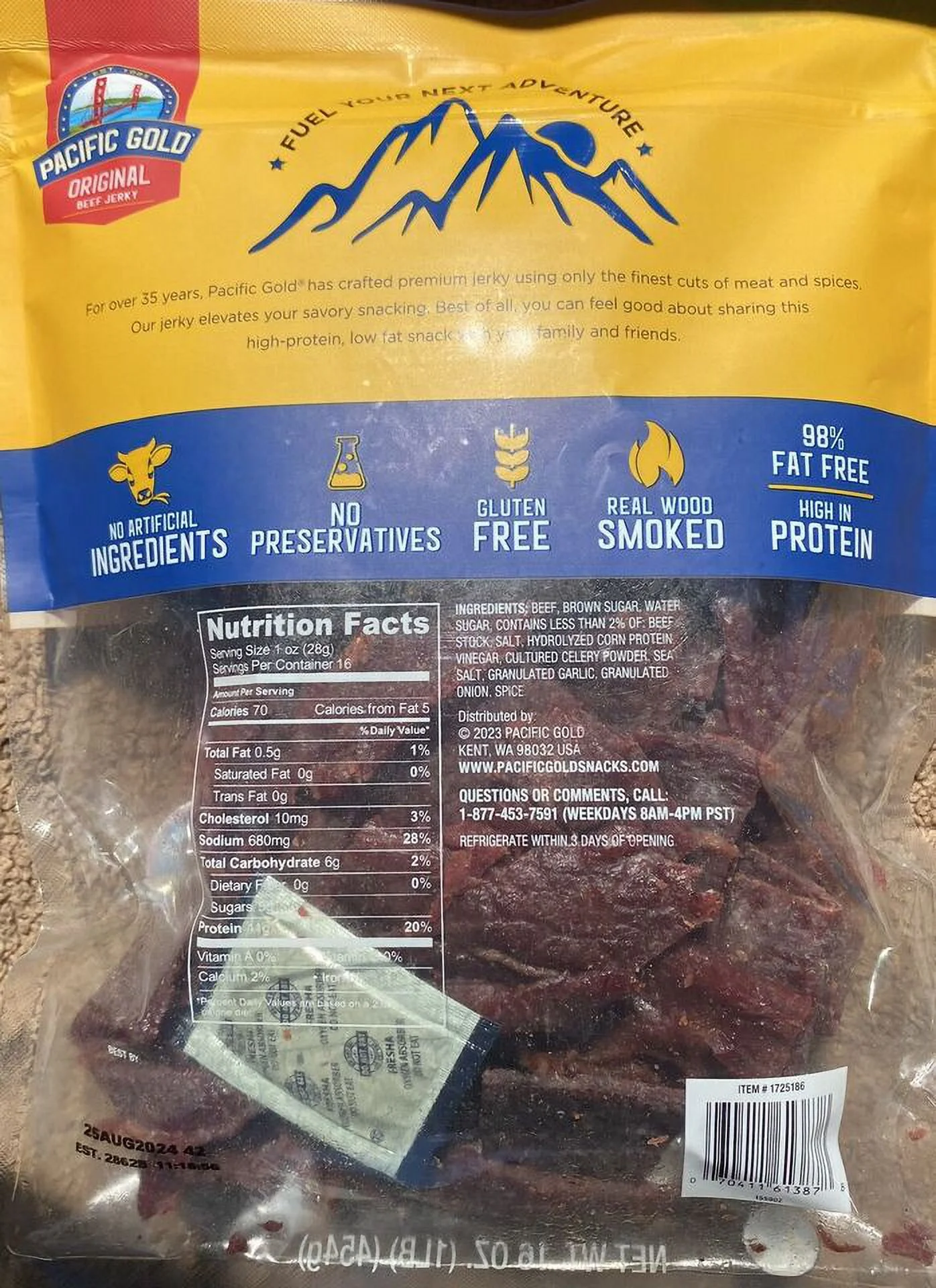 Pacific Gold Natural Wood Smoked Original Beef Jerky 16 oz