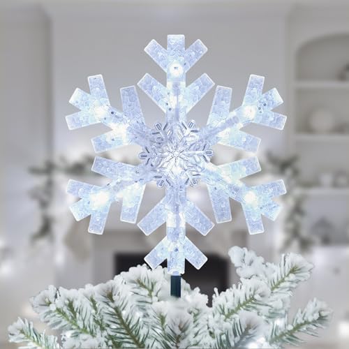 Brightown-Christmas-Tree-Topper-Star-Lighted, 3D Snowflake Snow Cool White Christmas Tree Star Topper with Lights Built-in 15 Bulbs Plug in Vintage Classic Indoor New Year Xmas Decorations Ornaments