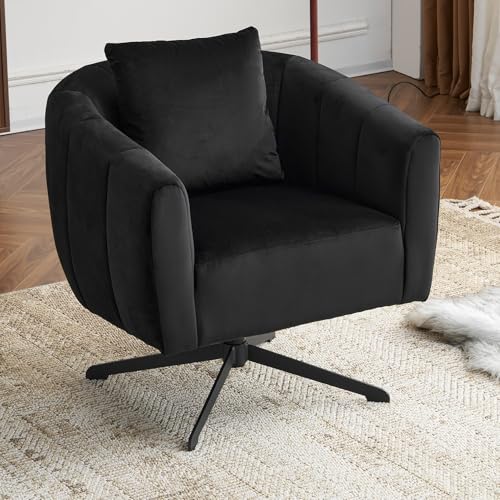 Karl home 360° Swivel Accent Chair, Modern Velvet Fabric Living Room Barrel Chairs, Comfy Wide Upholstered with Fluffy Cushions and Metal Legs, Armchair for Living Room, Lounge, Office (Black)
