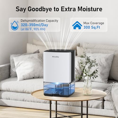 NineSky Dehumidifier for Home, 35oz Water Tank (300 sq.ft), Small Dehumidifiers for Bathroom, Bedroom, Basement with 7 Colorful Lights, Auto Shut Off, White