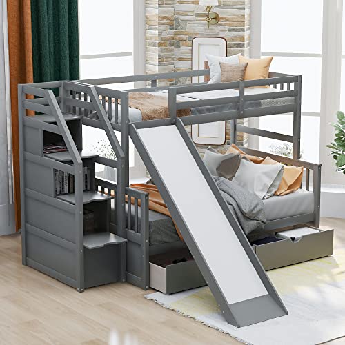 Twin over Full Bunk Bed - Wooden Bunk Bed with Storage Staircase, Drawers and Slide, Multifunction Heavy Duty Bed Frame with Safety High Guardrail, Space Saving for Bedroom Guest Room Apartment, Gray