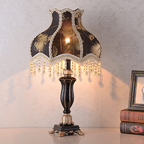 European Style Table Lamps Handmade Fabric Lampshade Victorian 22 Inch Desk Lamp Antique Painted Resin Base Bedside Light for Bedroom Living Room Office,Black1