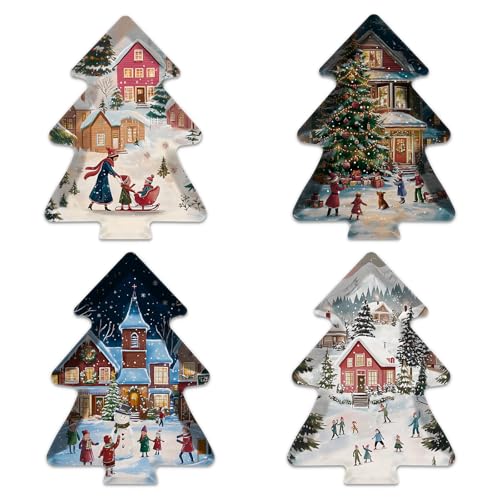 4-Piece Christmas Tree Serving Tray Set, 13 x 10 Inch Melamine Platters with Colorful Snow Play, Ice Skating & Holiday Scenes, Dishwasher Safe Festive Plates for Christmas Table Decor