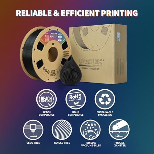 OVERTURE PLA Filament 1.75mm PLA 3D Printer Filament, 2kg Cardboard Spool (4.4lbs), Dimensional Accuracy +/- 0.02mm, Fit Most FDM Printer (Black 2-Pack)