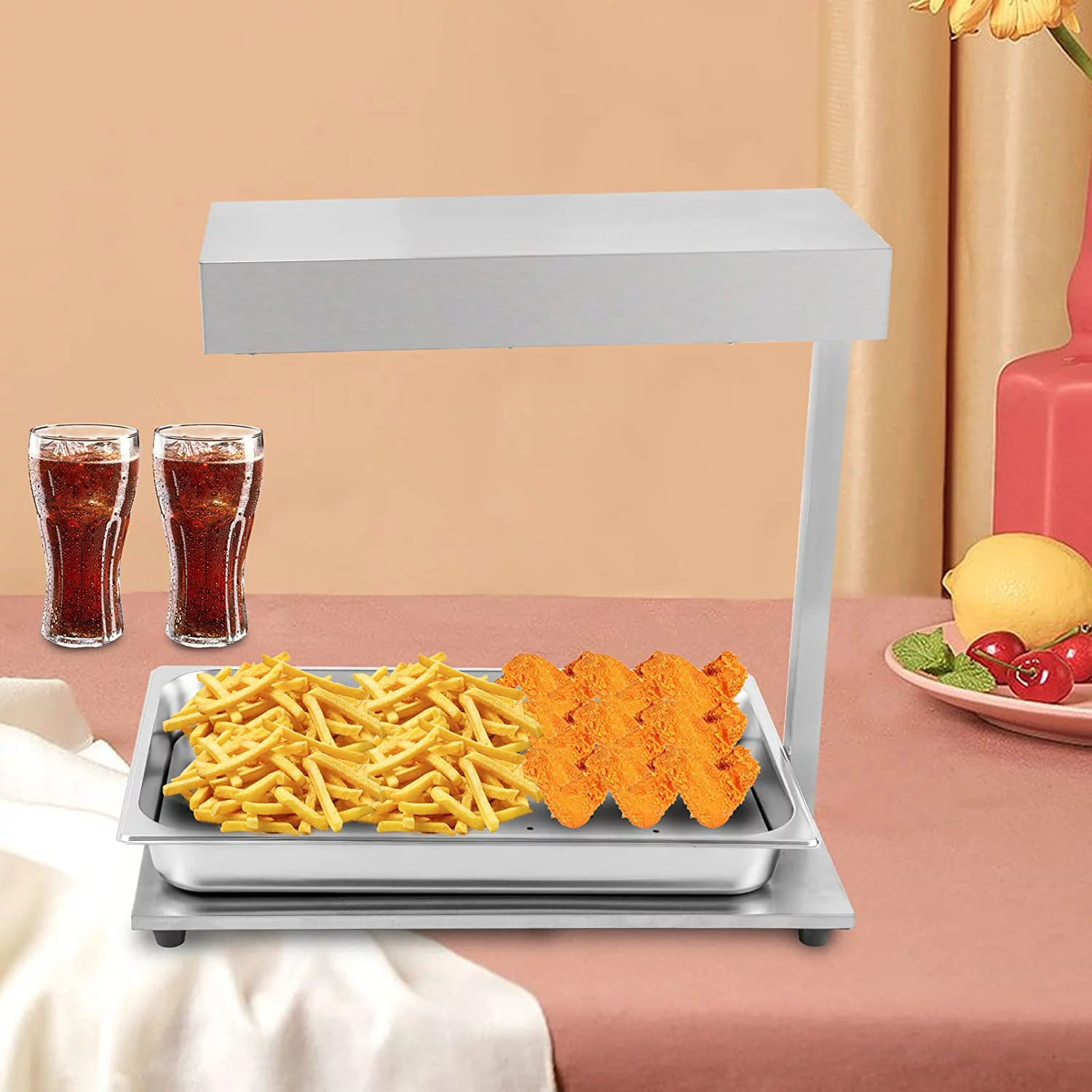 Miumaeov Commercial French Fry Warmer Food Fries Warming Station Tabletop,Fry Heat Lamp with Detachable Drip Pan,Stainless Steel FreeStanding Fried Chicken Warmer with Light 110V 500W (Silver)