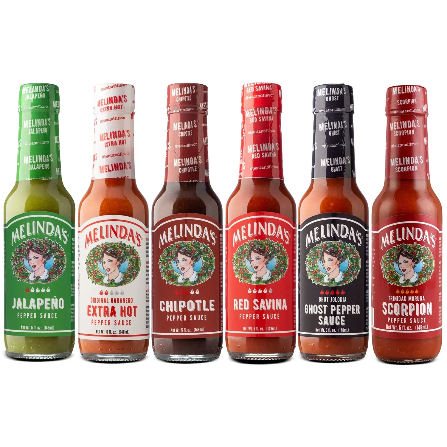 Melinda’s Pepper Sauce Challenge Collection - Extra Spicy Gourmet Hot Sauce Gift Set with Variety of Chile Peppers - Includes Jalapeño, Extra Hot Habanero, Chipotle, Red Savina, Ghost, Scorpion- 5 oz,
