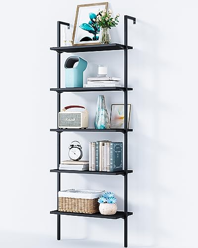 ODK Ladder Shelf, 6 Tier Black Bookshelf, 86 Inch Wall Mounted Book Shelf with Metal Frame, Ladder Bookshelf Bookcase for Bedroom, Home Office and Living Room