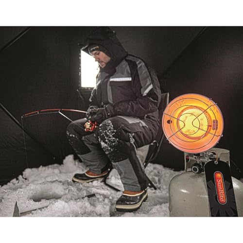 SunRite by Mr. Heater Single Tank Top Propane Radiant Heater, 10-15,000 BTU, Portable, Garage, Camping, Ice Fishing, 3 Settings