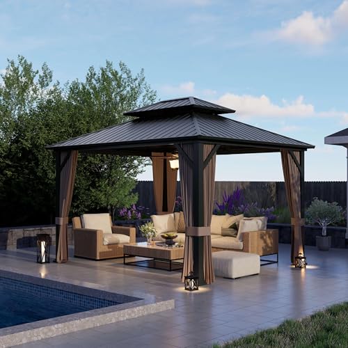 10'x12' Hardtop Gazebo, Double-Layer Galvanized Steel Roof Gazebo, All-Season Aluminum Frame Pavilion with Privacy Curtains and Netting for Patio, Garden, Hot Tub & Backyard