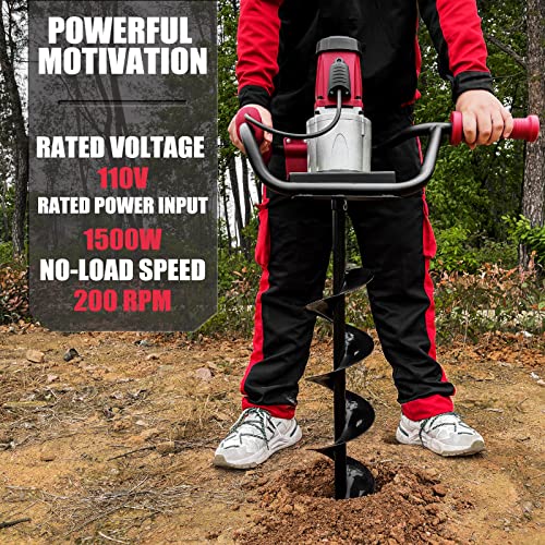 1500W Electric Post-Hole Digger with 6-Inch Auger Bit, Earth Auger Drill, Auger Bit Earth Auger, Ideal for Post Hole Digging, Drilling, Tree Planting, Red