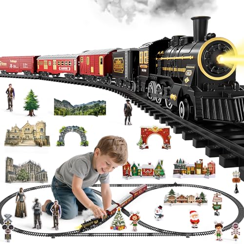 Large Train Set for Kids 4-8, Electric Train Toy with Realistic Sound, Lights and Smoke for Under Christmas Tree,Toddler Model Trains for 3 4 5 6 7 8 9 10 11 12 Years Old Kids Toys Gifts
