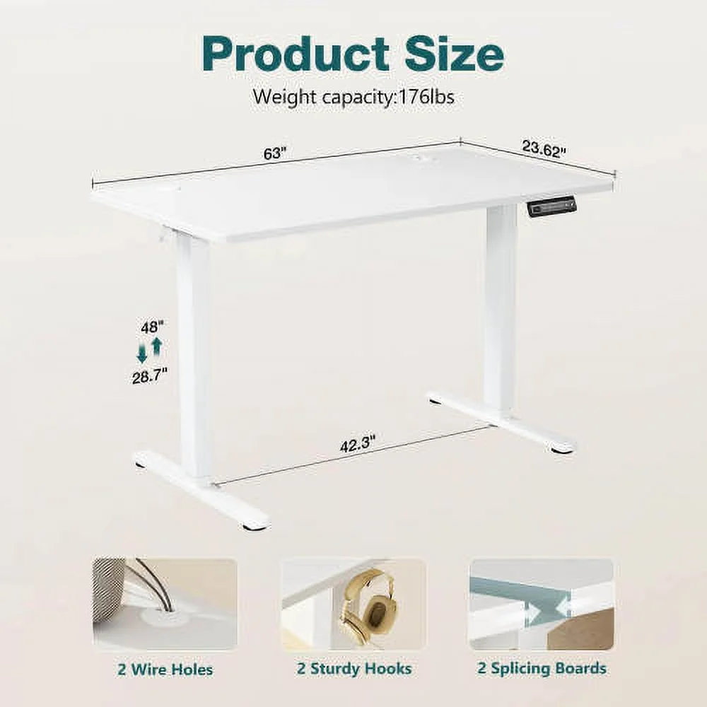 Electric Height Adjustable Standing Desk,Sit to Stand Ergonomic Computer Desk,White,63'' x 24