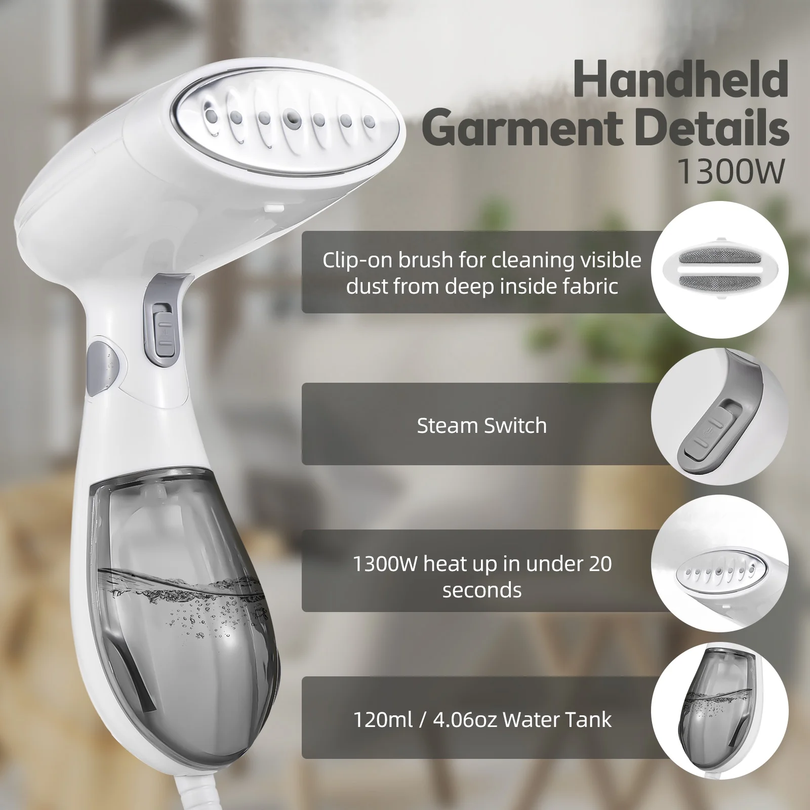 Dcenta Foldable Handheld Clothing Steamer, 1300W, 2-Second Fast Heat, Wrinkle Remover